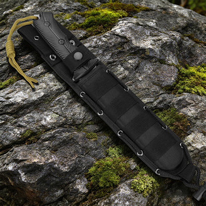 Professional outdoor knife for camping, hunting, and self-defense; features a stainless steel blade, nylon-fiberglass handle, and nylon sheath system.