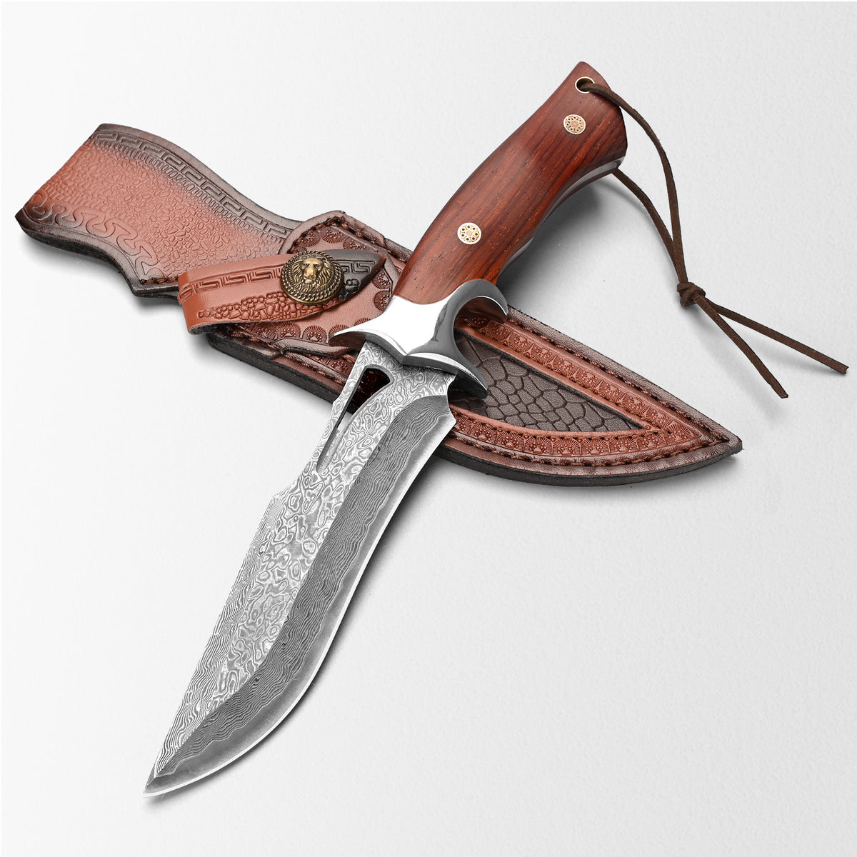 Handcrafted high-quality Damascus steel outdoor survival and hunting knife with a cutout design and wooden handle; customizable; includes sheath.