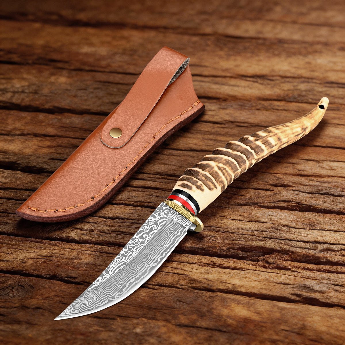 Straight-blade meat knife with Damascus/feather pattern; sharp, portable, and suitable for camping, survival, hiking, and self-defense.