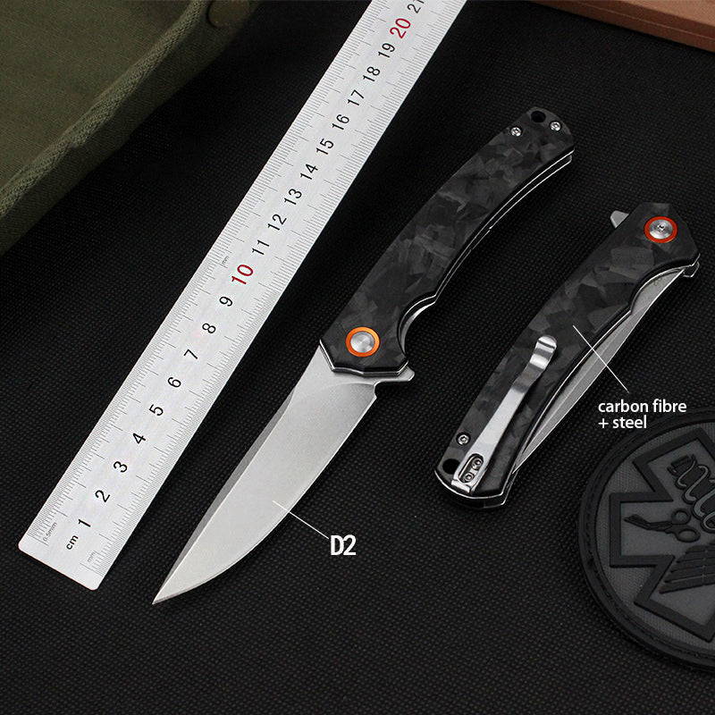 Carbon fiber handle, D2 steel blade, folding tactical Bowie knife