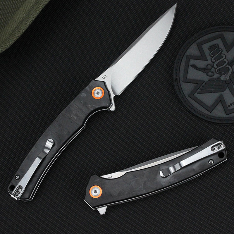 Carbon fiber handle, D2 steel blade, folding tactical Bowie knife