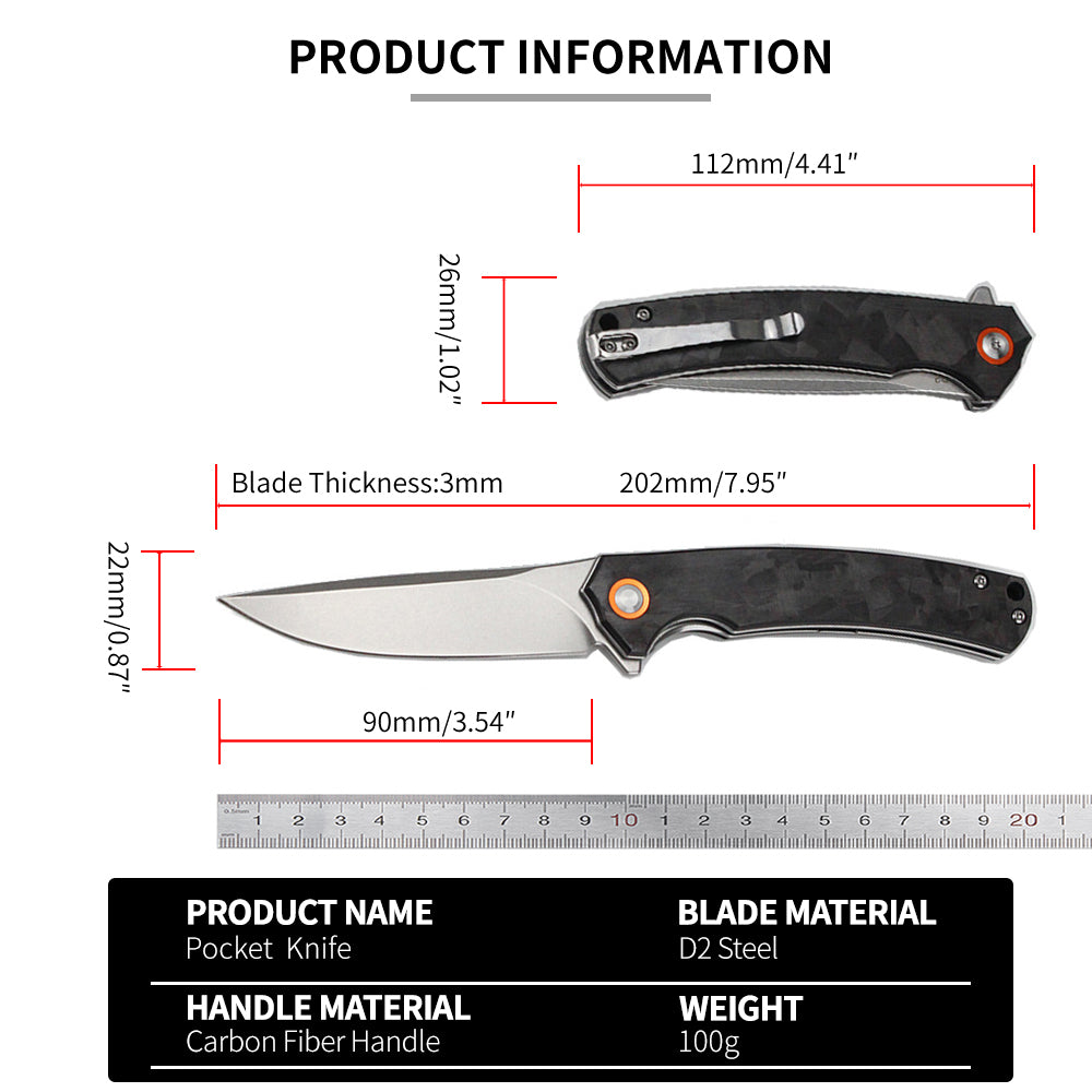 Carbon fiber handle, D2 steel blade, folding tactical Bowie knife