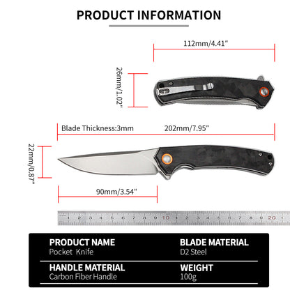 Carbon fiber handle, D2 steel blade, folding tactical Bowie knife