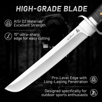Fixed-blade camping knife with ebony handle and stainless steel—a versatile tool for outdoor survival, hunting, and hiking; easy to carry.
