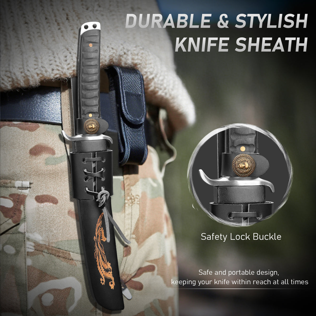 Fixed-blade camping knife with ebony handle and stainless steel—a versatile tool for outdoor survival, hunting, and hiking; easy to carry.