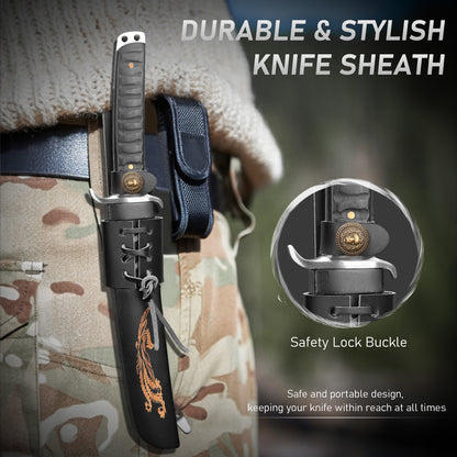 Fixed-blade camping knife with ebony handle and stainless steel—a versatile tool for outdoor survival, hunting, and hiking; easy to carry.